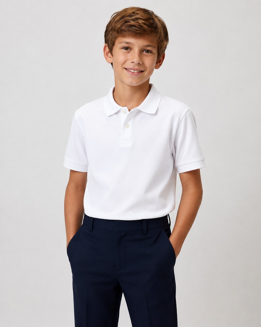 Elev în tricou polo alb și pantaloni bleumarin, pregătit pentru o nouă zi de școală